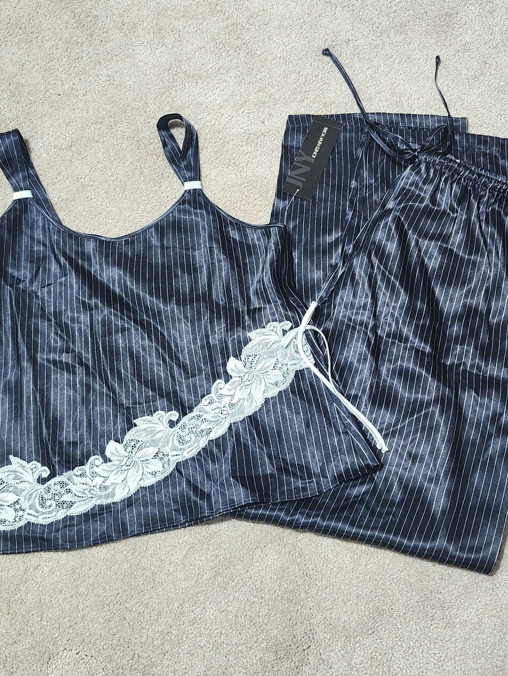 NWT Jones New York Navy Pinstripe Satin‎ Cami & Drawstring Pants PJ Set Size S